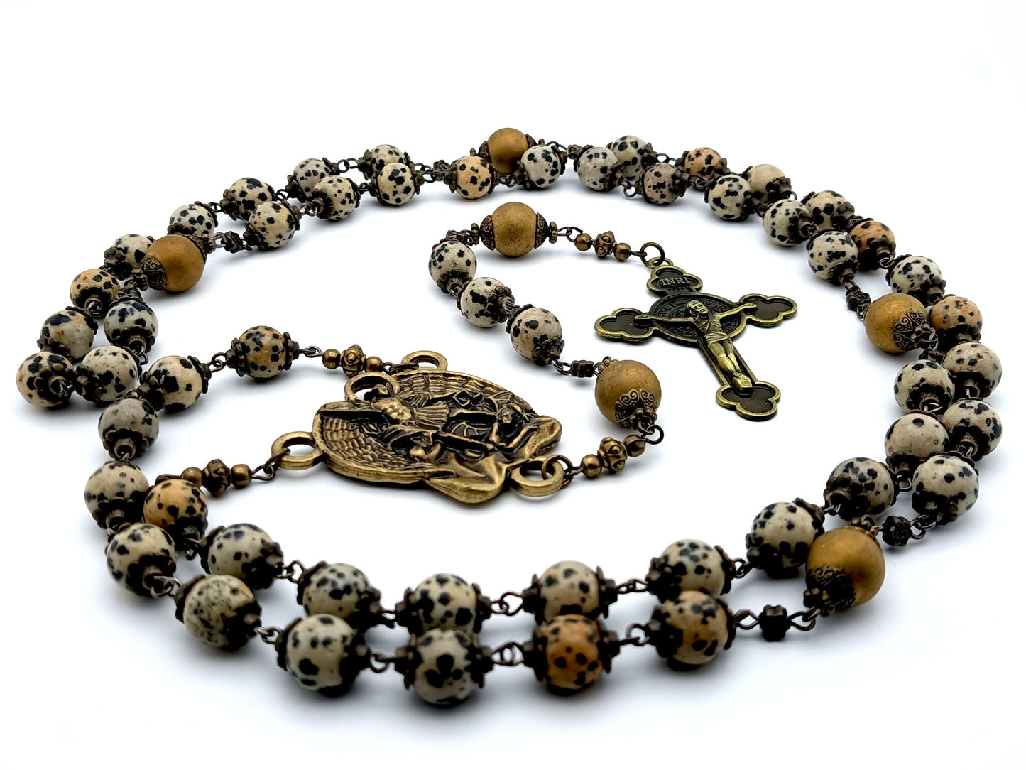 Saint Michael vintage style unique rosary beads with gemstone bead, bronze crucifix, centre medal and bead caps.