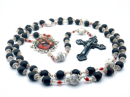 Stations of the cross unique rosary beads with onyx  and howlite beads, twelve apostles pewter crucifix and large picture centre medal.