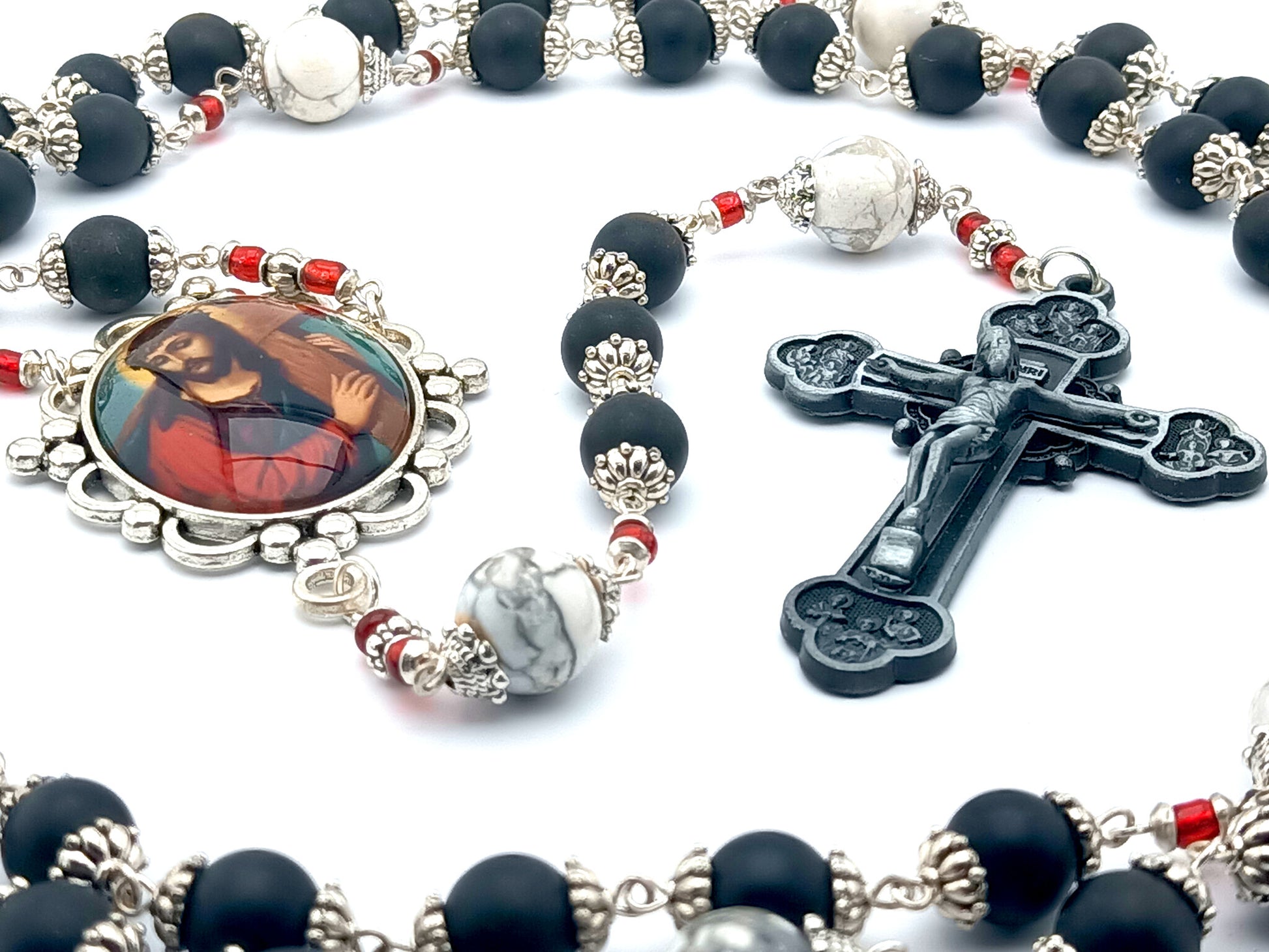 Stations of the cross unique rosary beads with onyx  and howlite beads, twelve apostles pewter crucifix and large picture centre medal.