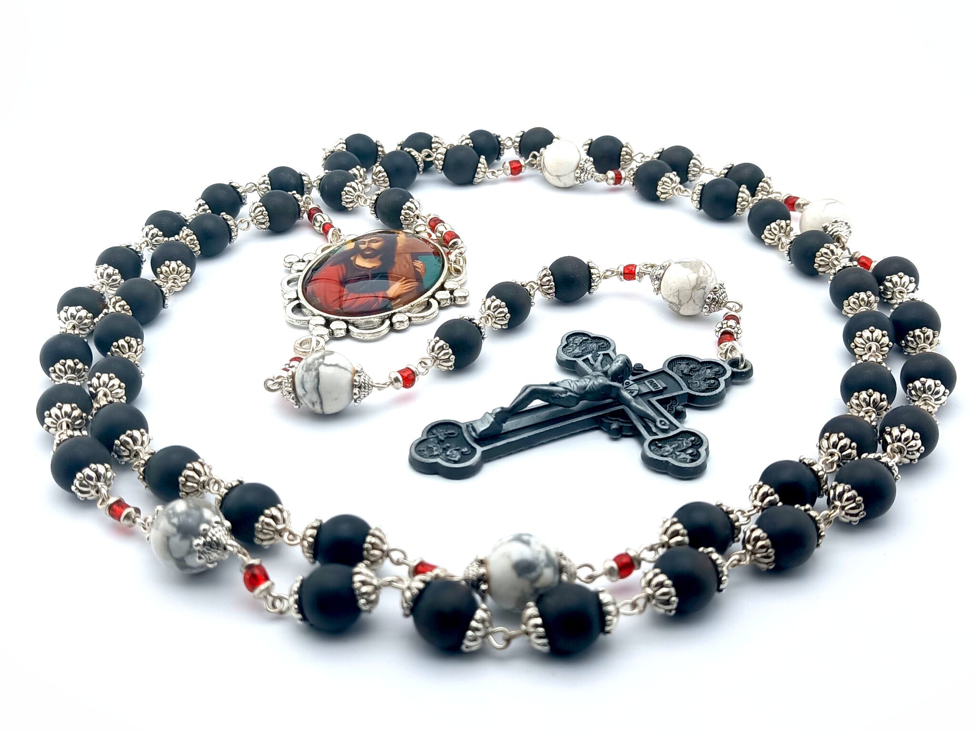 Stations of the cross unique rosary beads with onyx  and howlite beads, twelve apostles pewter crucifix and large picture centre medal.