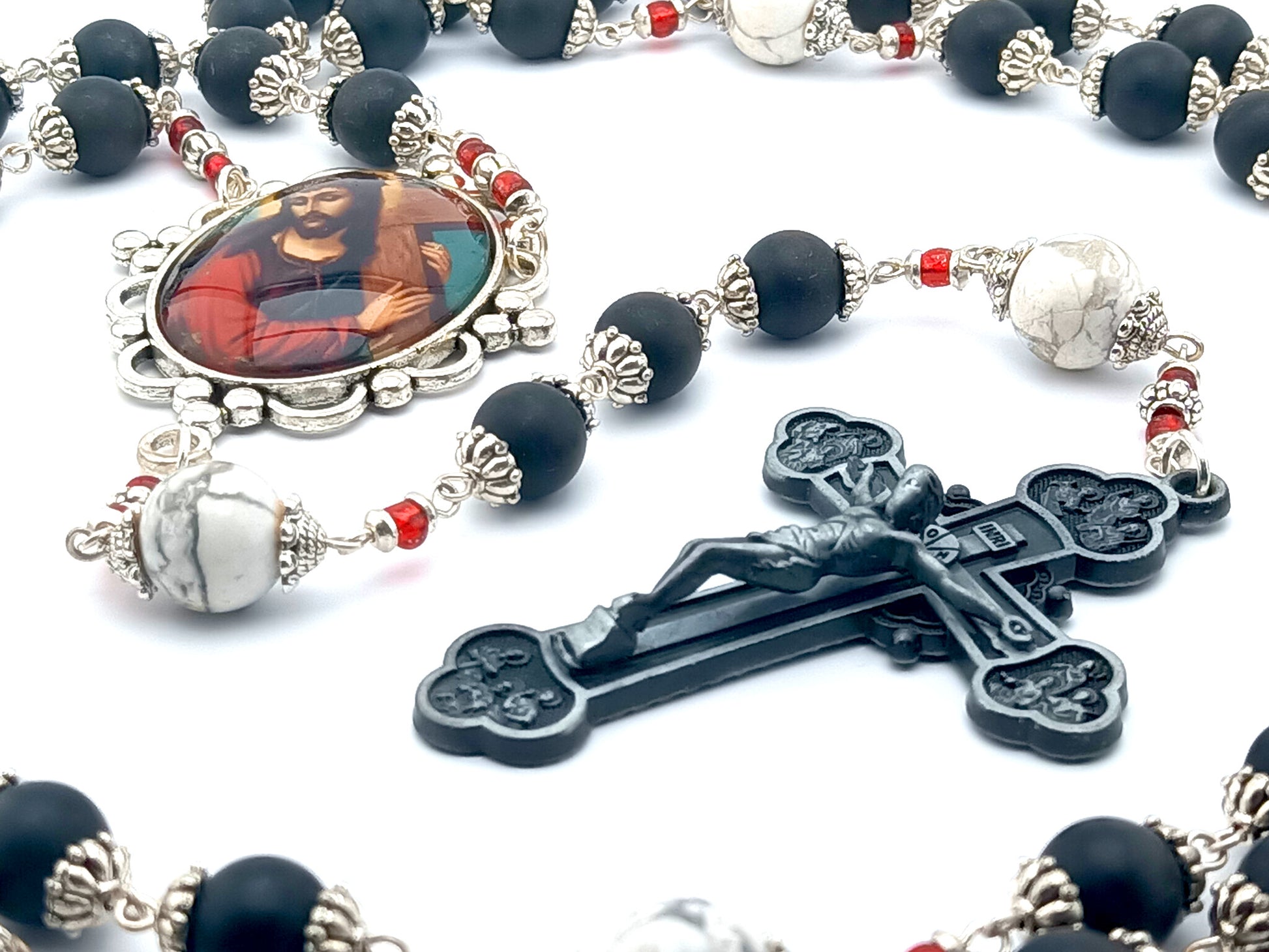 Stations of the cross unique rosary beads with onyx  and howlite beads, twelve apostles pewter crucifix and large picture centre medal.