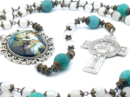 Saint Anthony unique rosary beads with opal gemstone and frosted agate beads, silver Portiuncula crucifix and large picture centre medal.