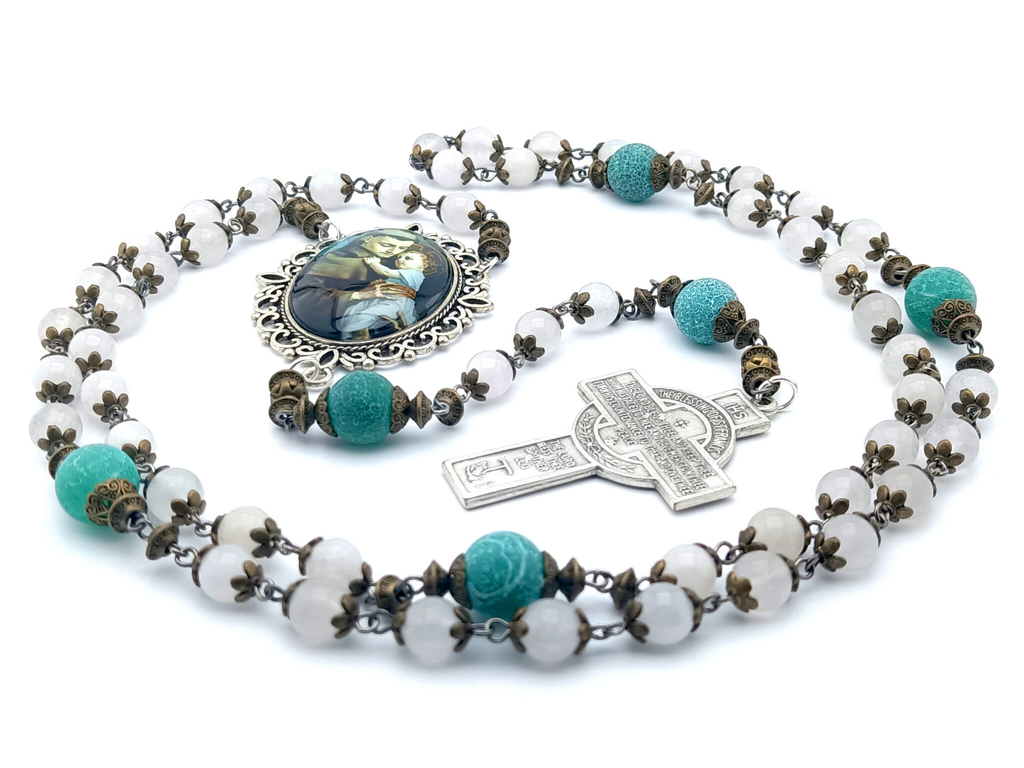 Saint Anthony unique rosary beads with opal gemstone and frosted agate beads, silver Portiuncula crucifix and large picture centre medal.