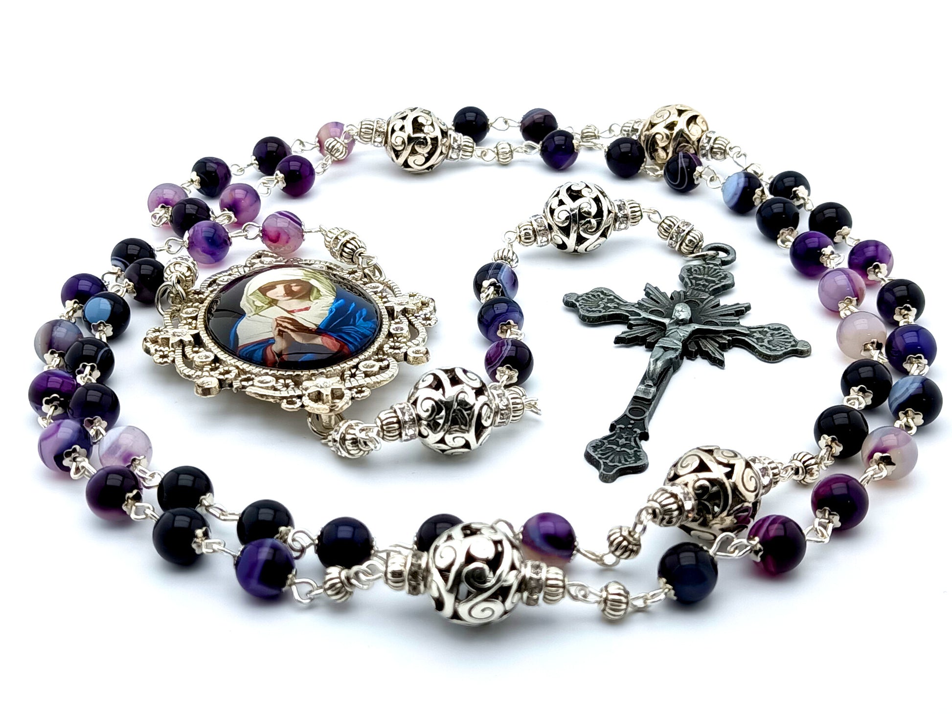 Virgin Mary unique rosary beads with purple agate gemstone beads, silver pater beads and picture centre medal and pewter crucifix.