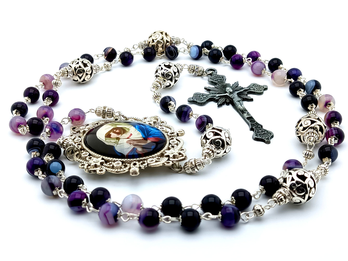 Virgin Mary unique rosary beads with purple agate gemstone beads, silver pater beads and picture centre medal and pewter crucifix.