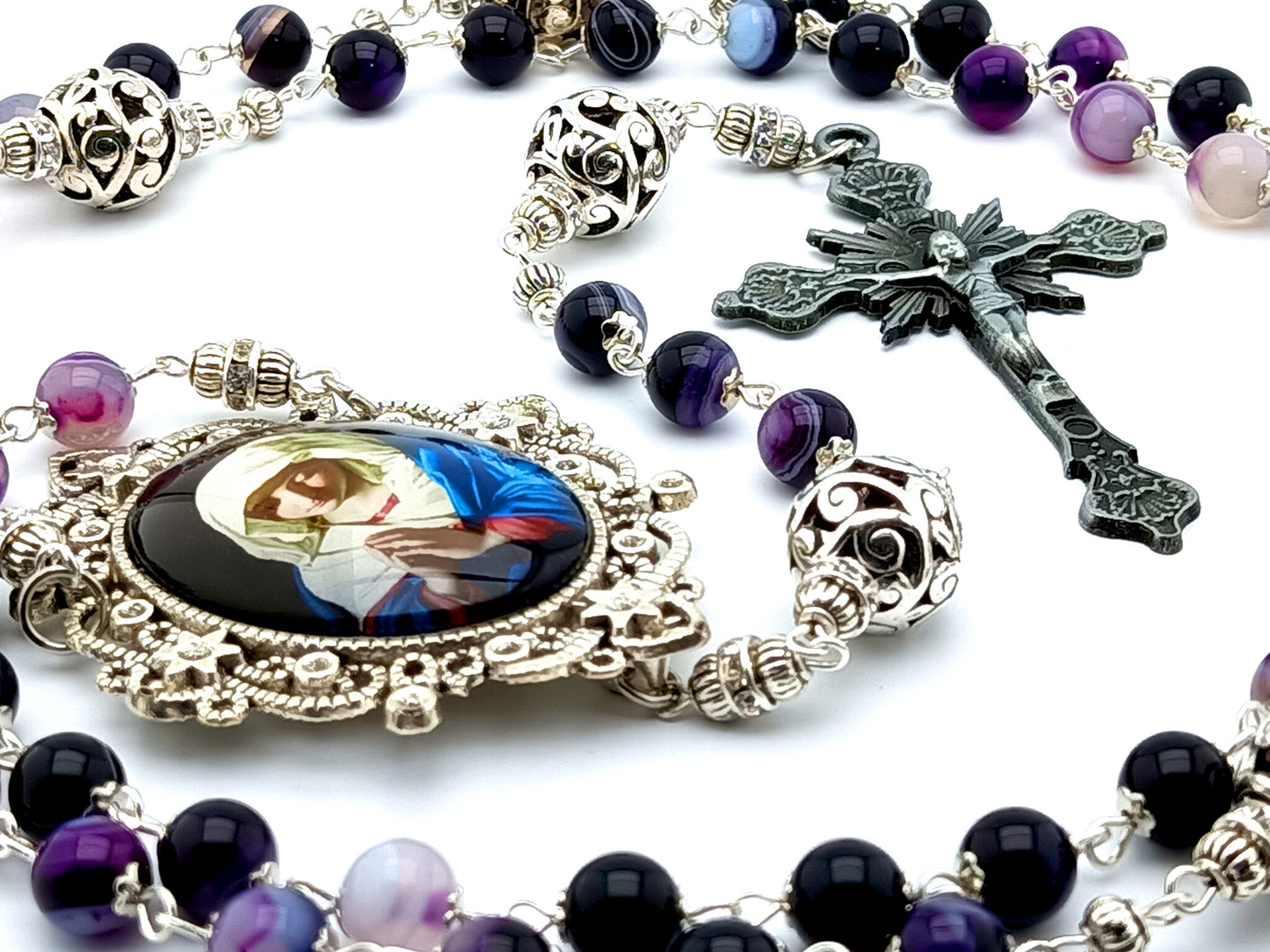 Virgin Mary unique rosary beads with purple agate gemstone beads, silver pater beads and picture centre medal and pewter crucifix.