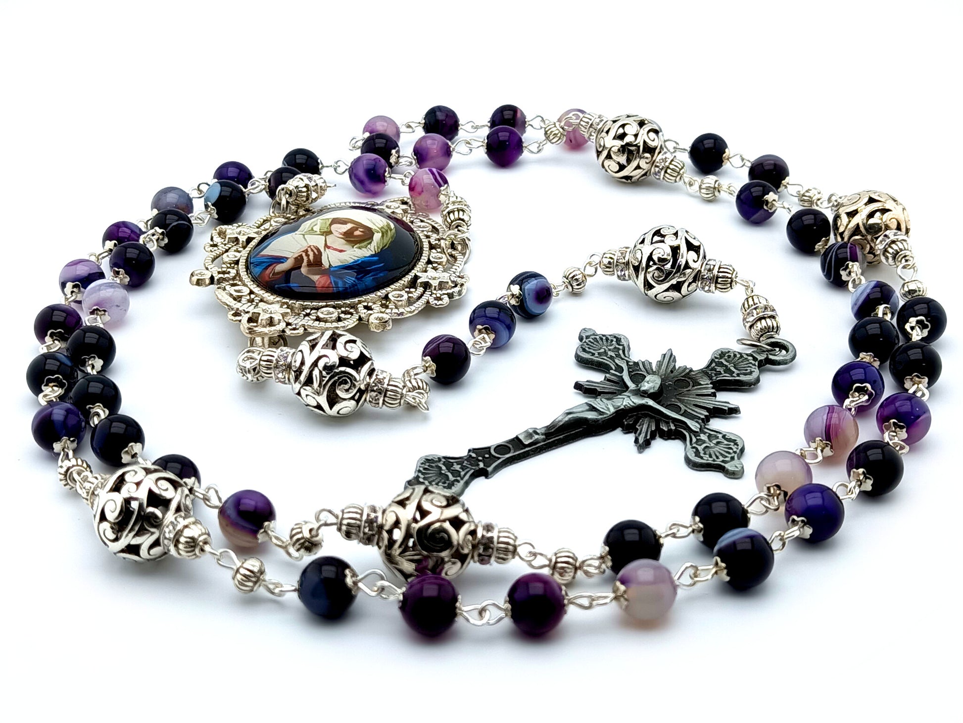 Virgin Mary unique rosary beads with purple agate gemstone beads, silver pater beads and picture centre medal and pewter crucifix.