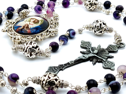 Virgin Mary unique rosary beads with purple agate gemstone beads, silver pater beads and picture centre medal and pewter crucifix.