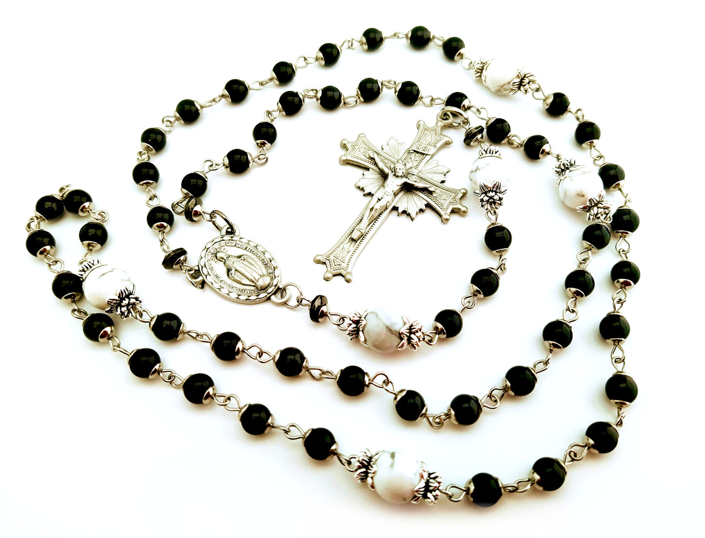 Miraculous medal unique rosary beads with black onyx and howlite beads, silver crucifix and centre medal.