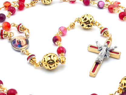 Saint Mary Magdalen unique rosary beads with striped red agate and gold beads, Resurrection crucifix. and small picture medal.