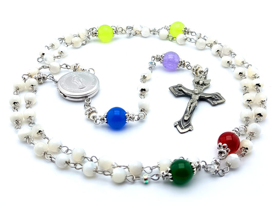 Miraculous Medal unique rosary beads with mother of pearl beads, birthstone gemstone pater beads, pewter crucifix and locket centre medal.