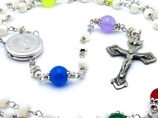 Miraculous Medal unique rosary beads with mother of pearl beads, birthstone gemstone pater beads, pewter crucifix and locket centre medal.