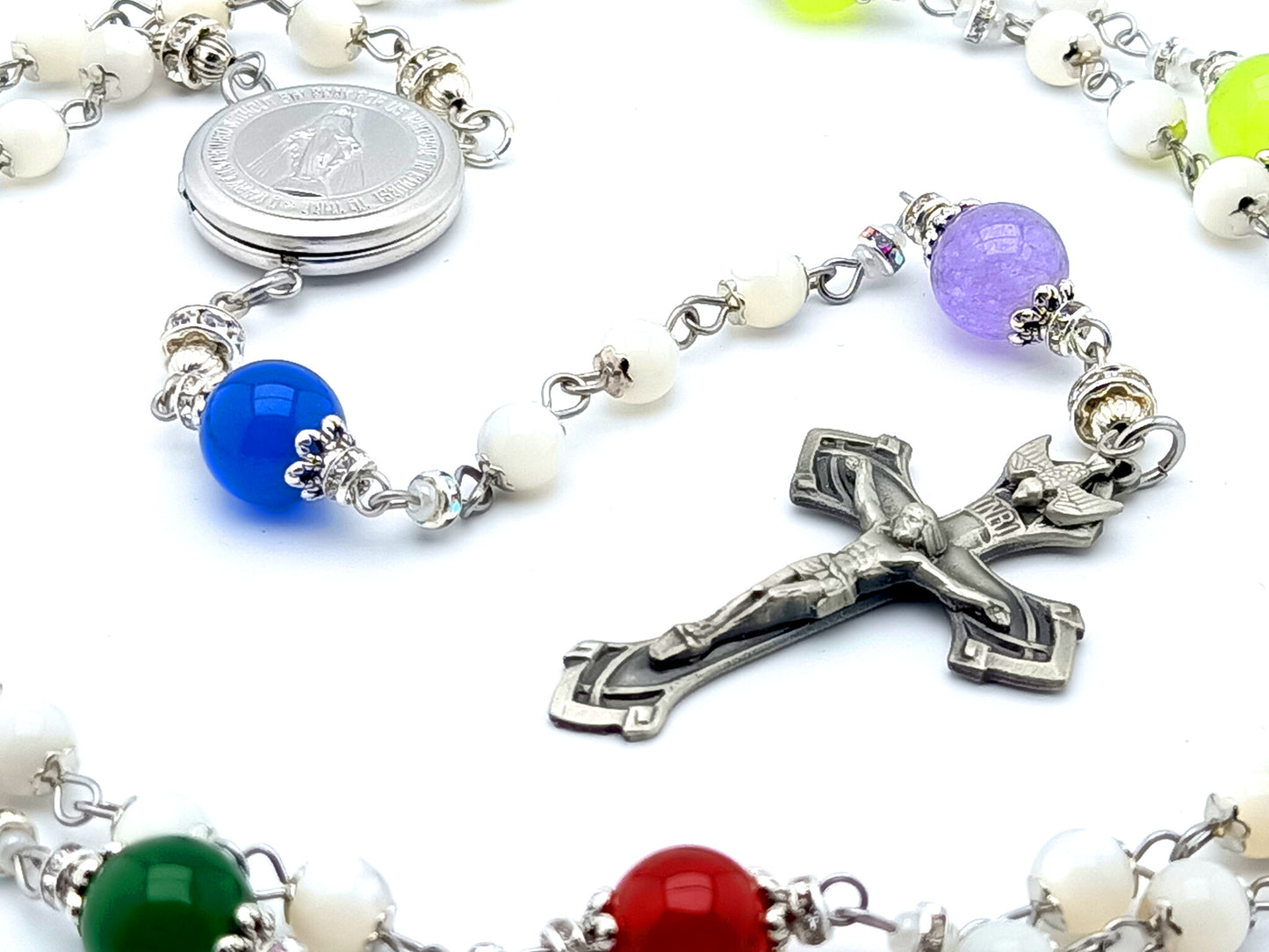 Miraculous Medal unique rosary beads with mother of pearl beads, birthstone gemstone pater beads, pewter crucifix and locket centre medal.