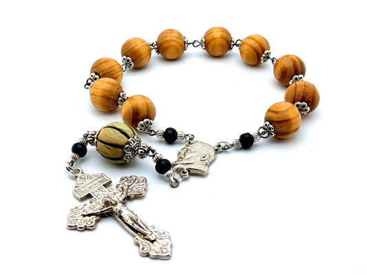 Padre Pio and Saint benedict wooden single decade rosary with Pardon crucifix.