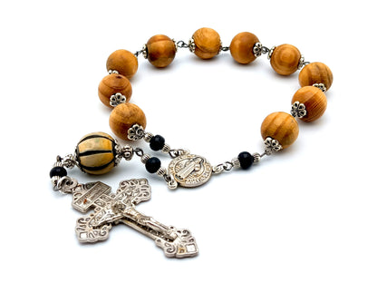 Padre Pio and Saint benedict wooden single decade rosary with Pardon crucifix.