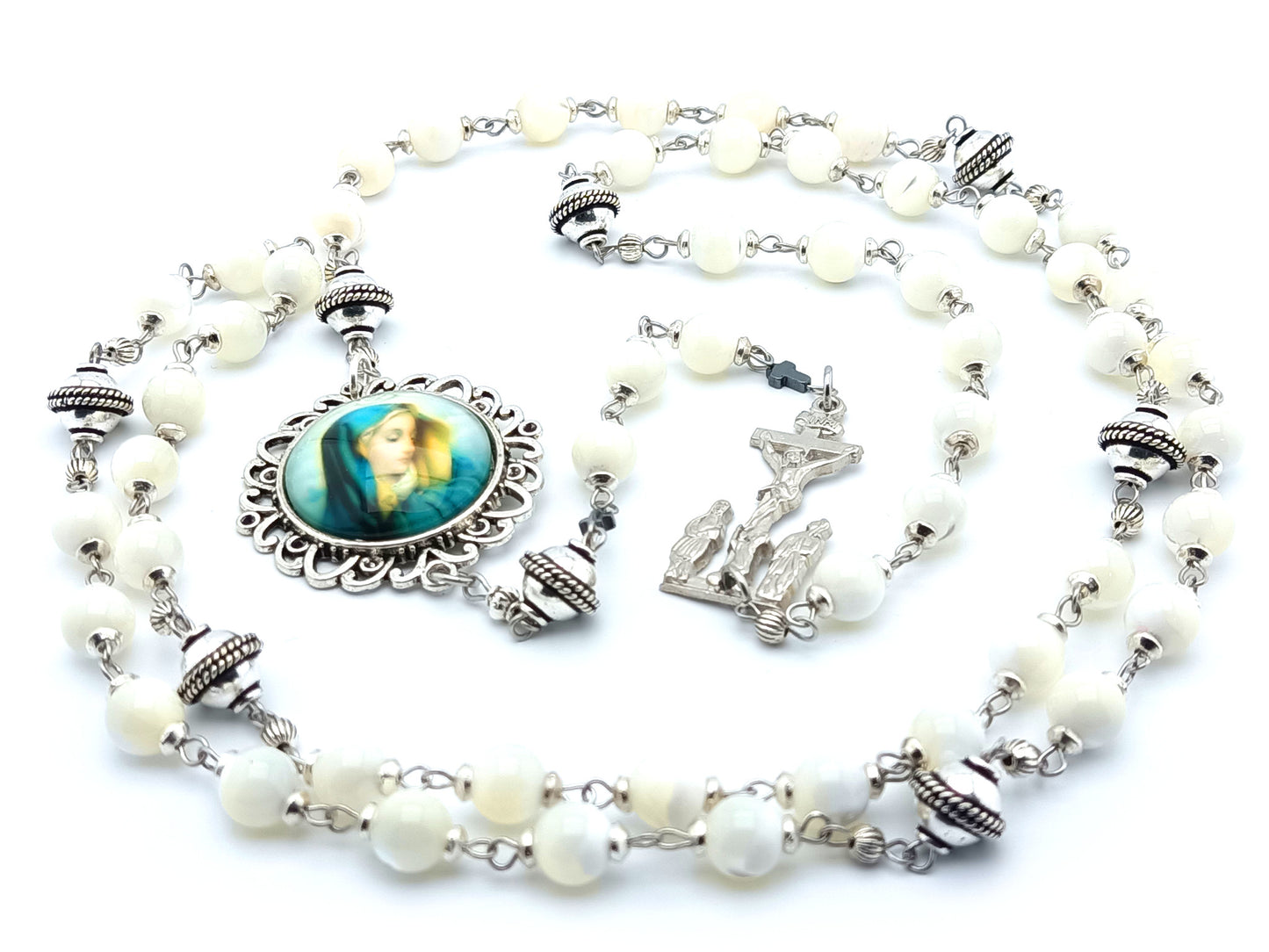 Our Lady of Sorrows unique rosary beads circular dolor chaplet with opal gemstone and silver bali beads, picture centre medal and two Marys crucifix. 