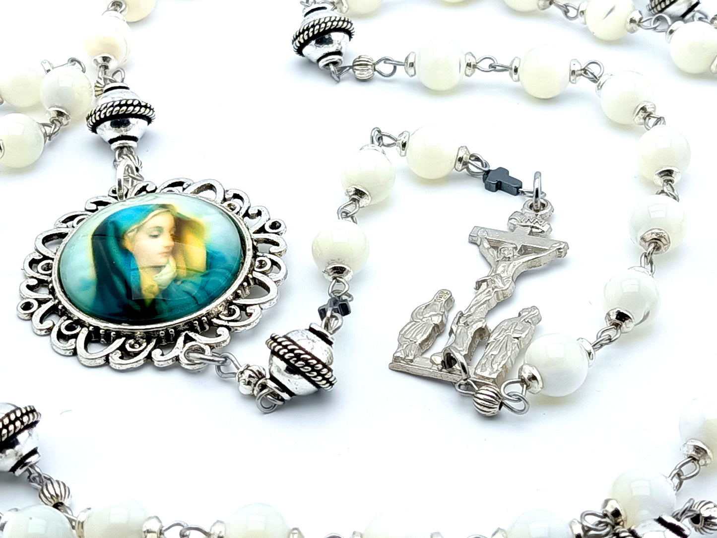 Our Lady of Sorrows unique rosary beads circular dolor chaplet with opal gemstone and silver bali beads, picture centre medal and two Marys crucifix. 