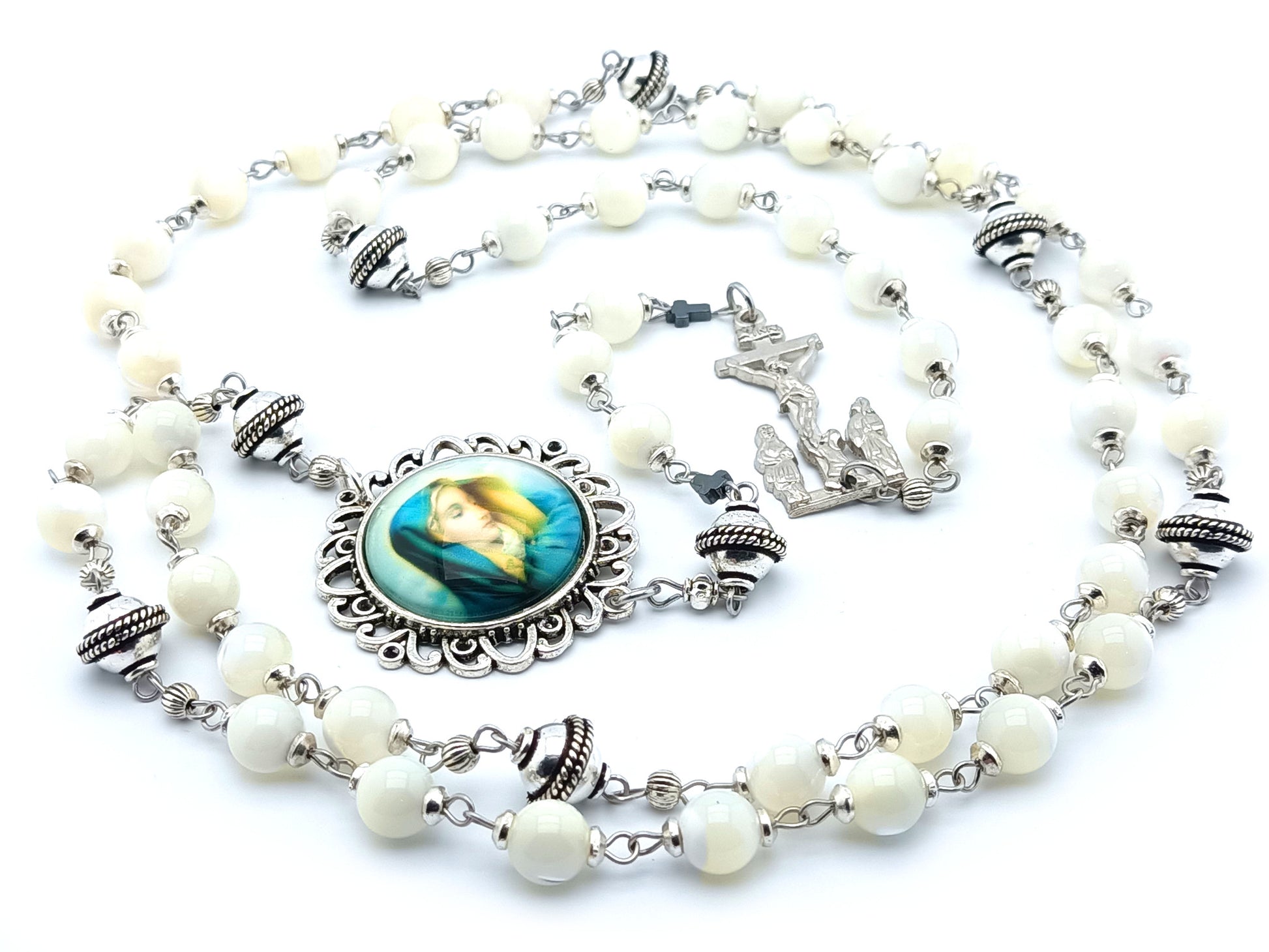 Our Lady of Sorrows unique rosary beads circular dolor chaplet with opal gemstone and silver bali beads, picture centre medal and two Marys crucifix. 