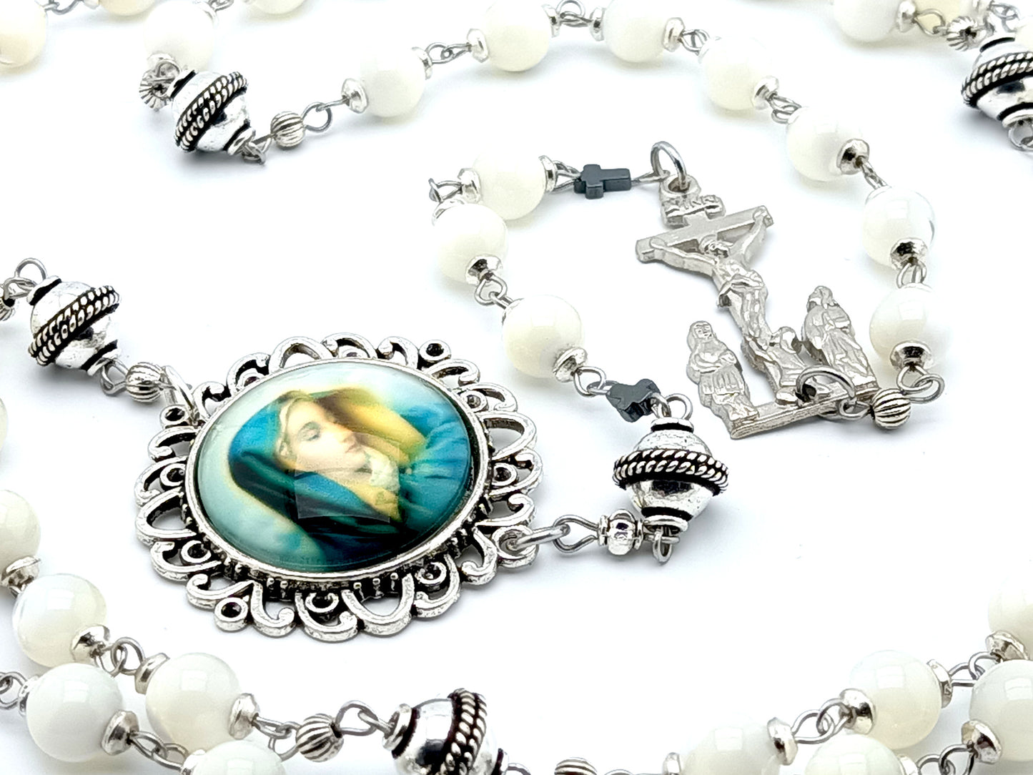 Our Lady of Sorrows unique rosary beads circular dolor chaplet with opal gemstone and silver bali beads, picture centre medal and two Marys crucifix. 