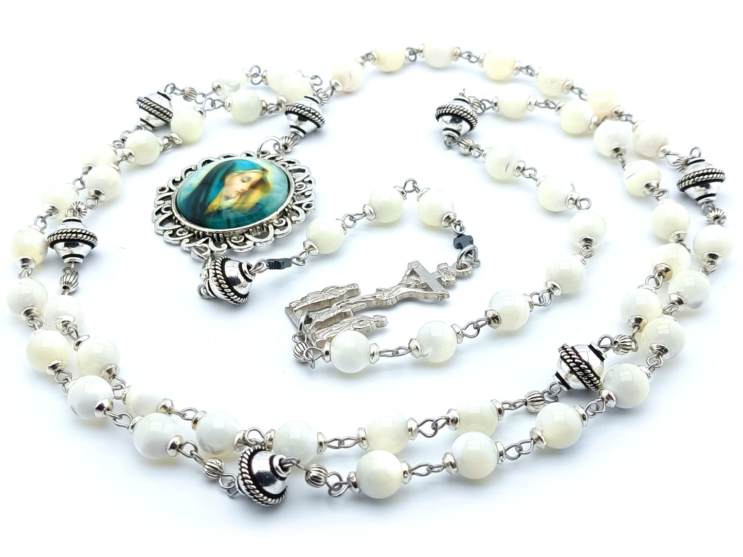 Our Lady of Sorrows unique rosary beads circular dolor chaplet with opal gemstone and silver bali beads, picture centre medal and two Marys crucifix. 