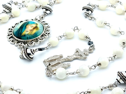 Our Lady of Sorrows unique rosary beads circular dolor chaplet with opal gemstone and silver bali beads, picture centre medal and two Marys crucifix. 