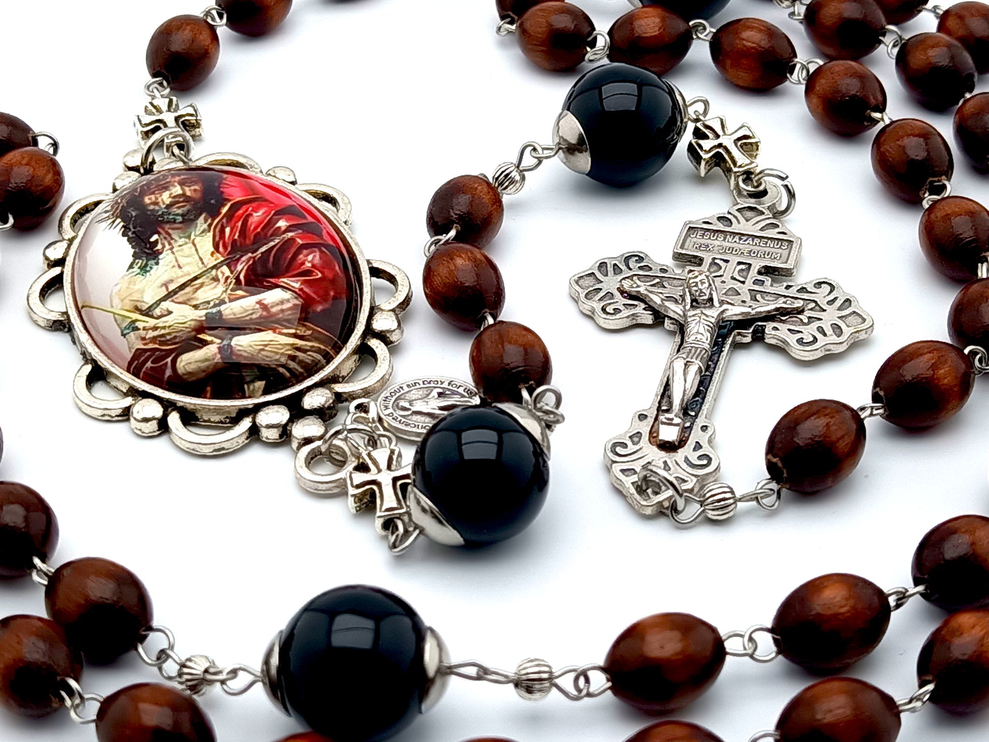 Passion of Christ circular unique rosary beads with wood and onyx beads, Passion picture centre medal and Pardon crucifix.