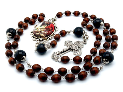 Passion of Christ circular unique rosary beads with wood and onyx beads, Passion picture centre medal and Pardon crucifix.