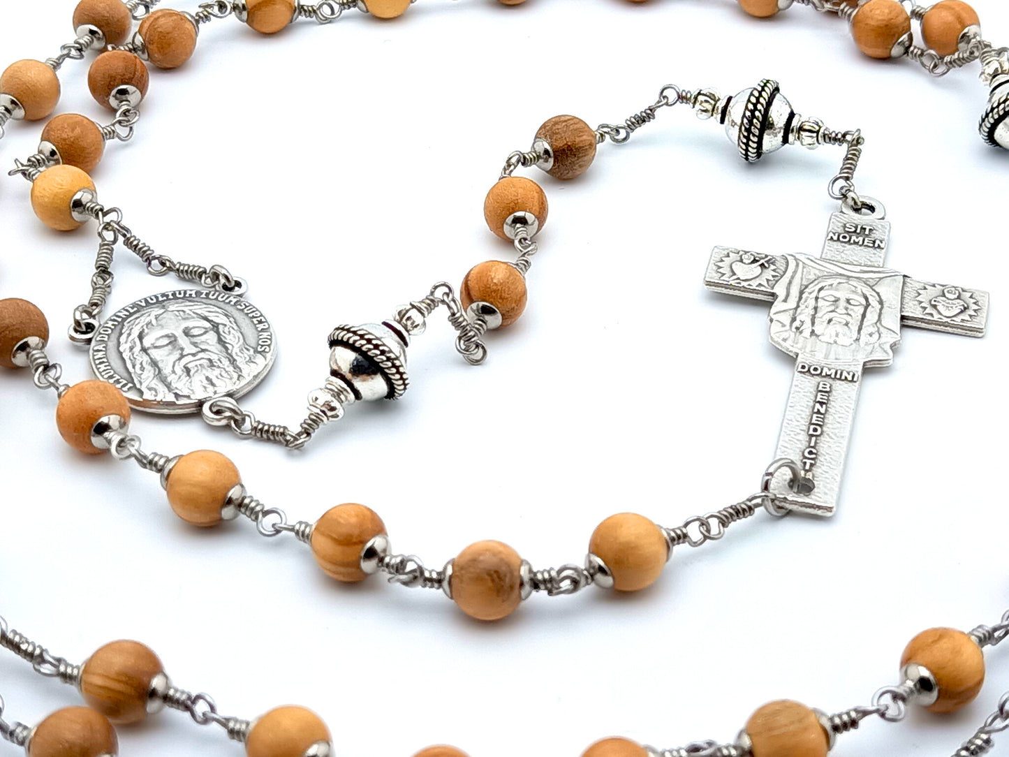 Holy Face of Jesus unique rosary beads unbreakable circular rosary with wooden and silver beads, Holy Face centre medal and crucifix.