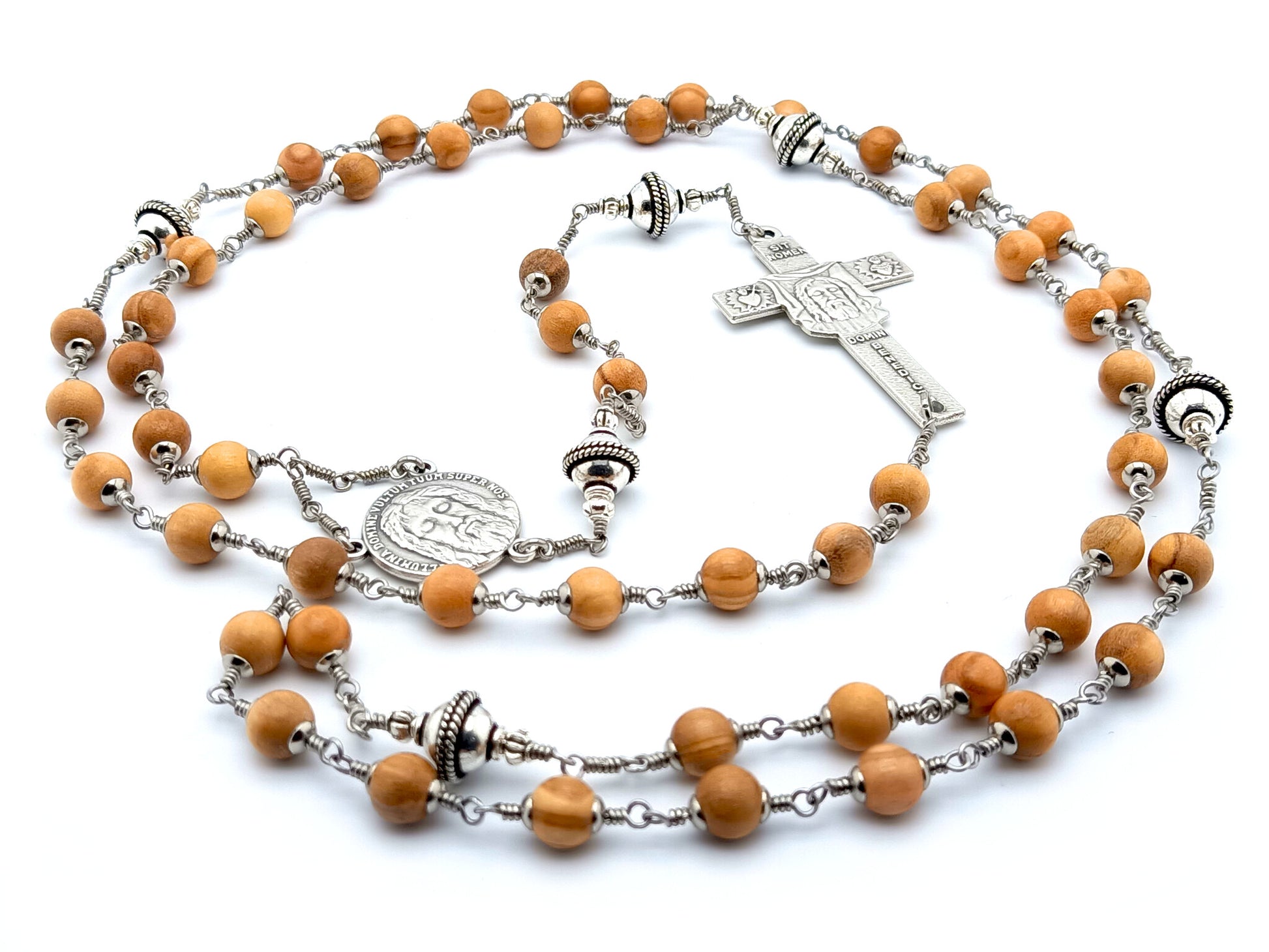 Holy Face of Jesus unique rosary beads unbreakable circular rosary with wooden and silver beads, Holy Face centre medal and crucifix.