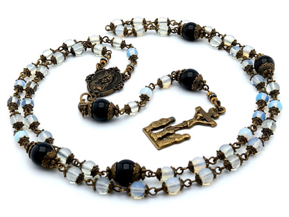 Immaculate Heart of Mary unique rosary beads with opal and onyx gemstone beads, bronze two Marys crucifix and centre medal.