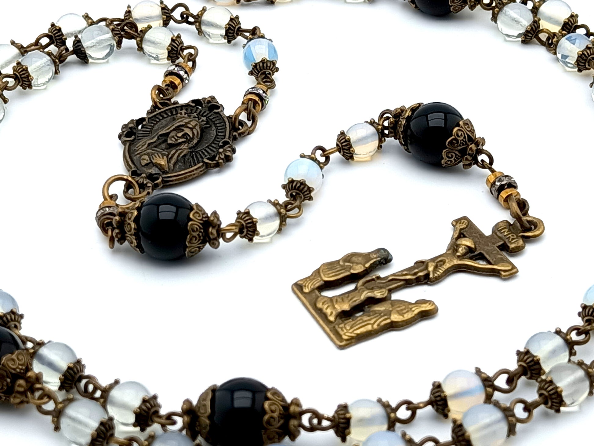 Immaculate Heart of Mary unique rosary beads with opal and onyx gemstone beads, bronze two Marys crucifix and centre medal.