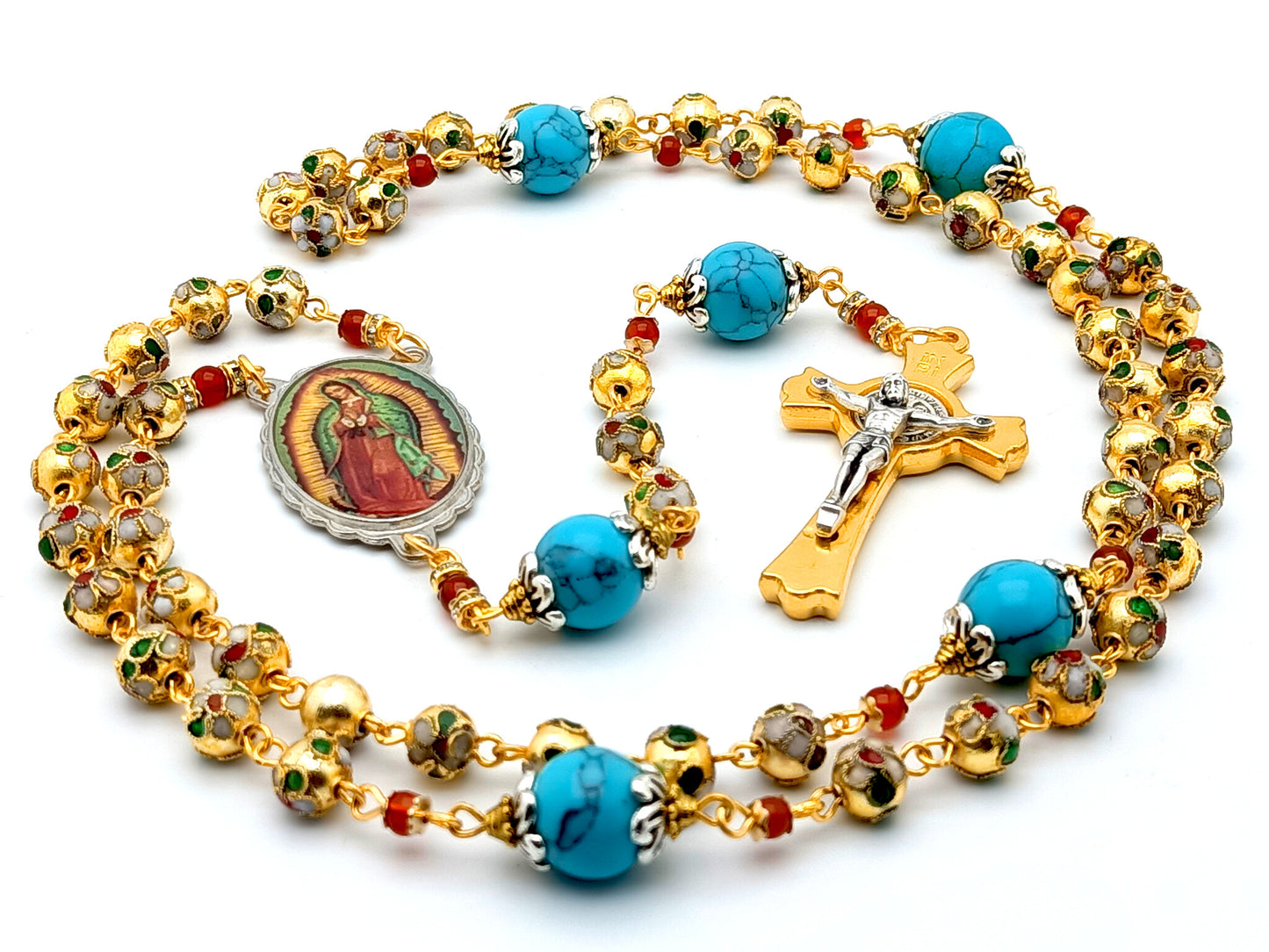 Our Lady of Guadalupe rosary beads in gold cloisonne and turquoise with golden Saint Benedict crucifix.