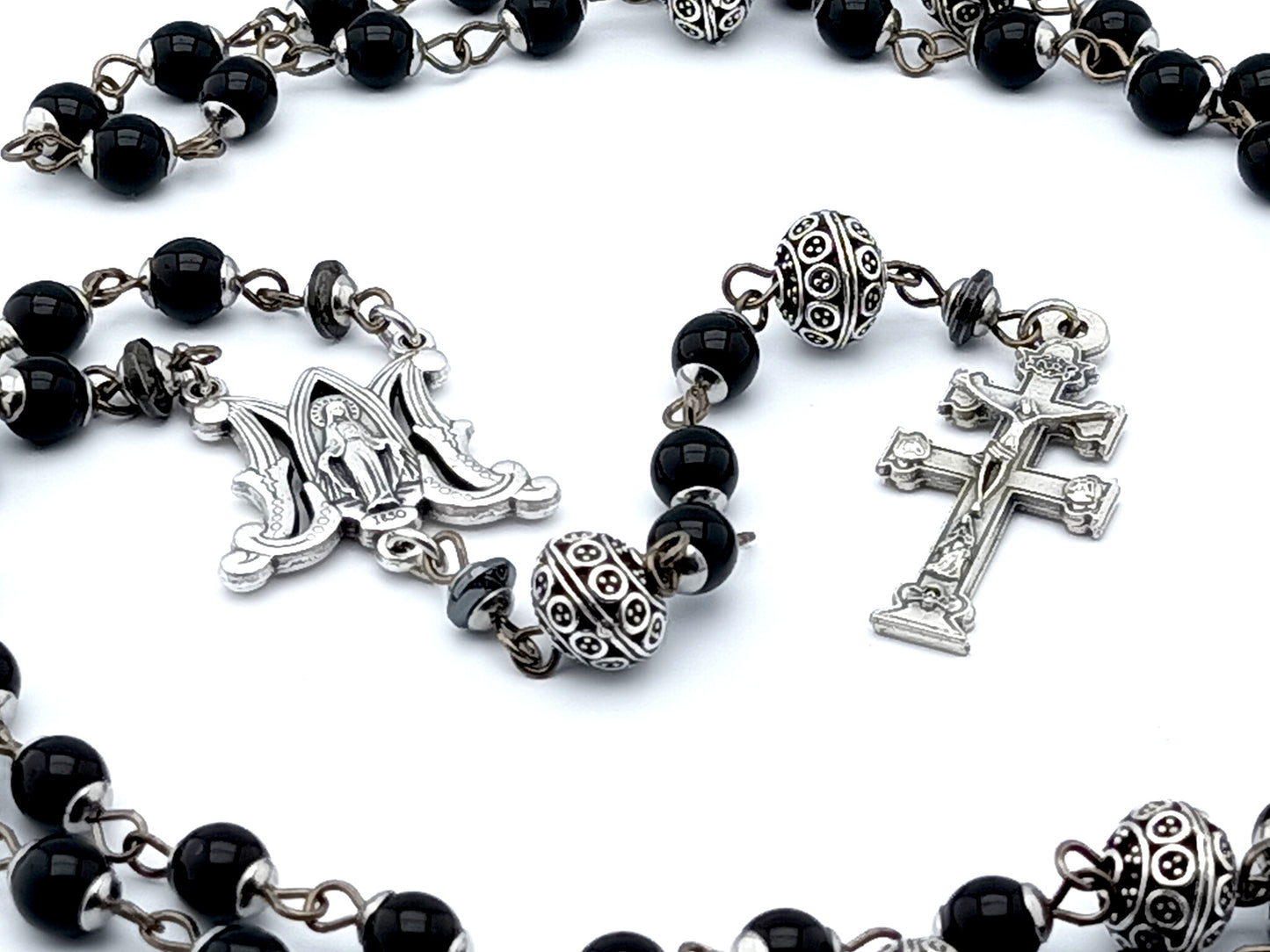 Miraculous Medal black glass rosary beads with Angels crucifix.