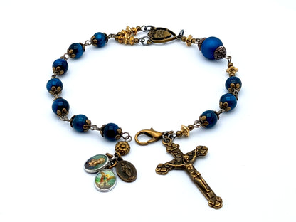 Servite Dolor rosary in blue tigers eye gemstone and bronze crucifix.