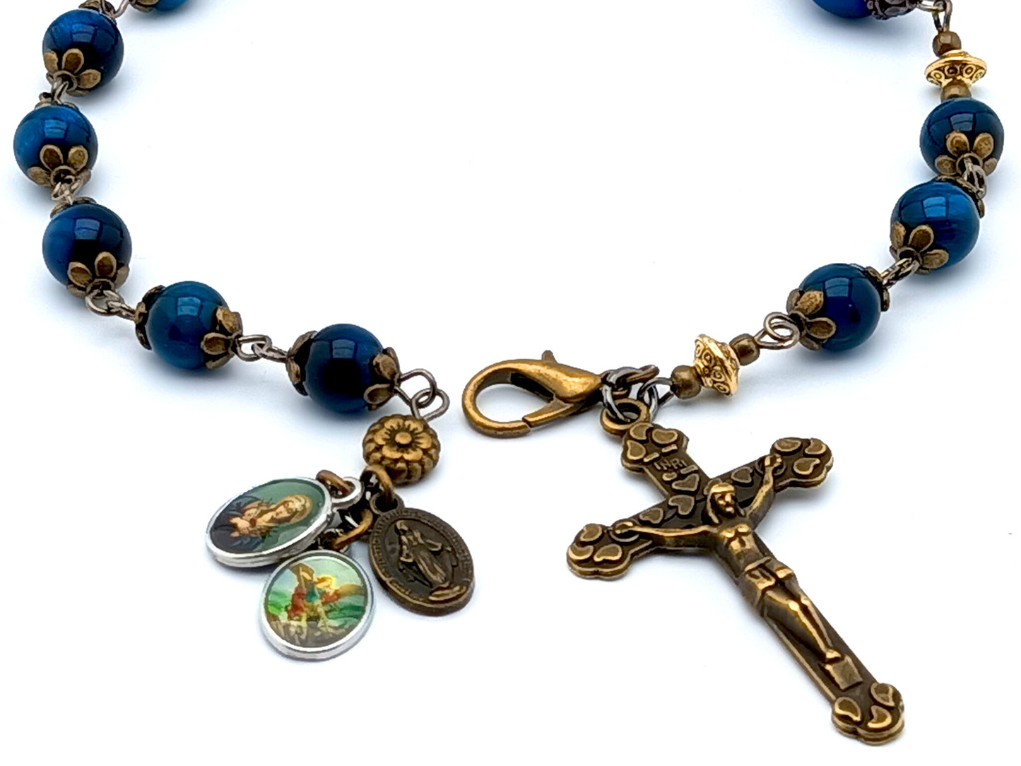 Servite Dolor rosary in blue tigers eye gemstone and bronze crucifix.