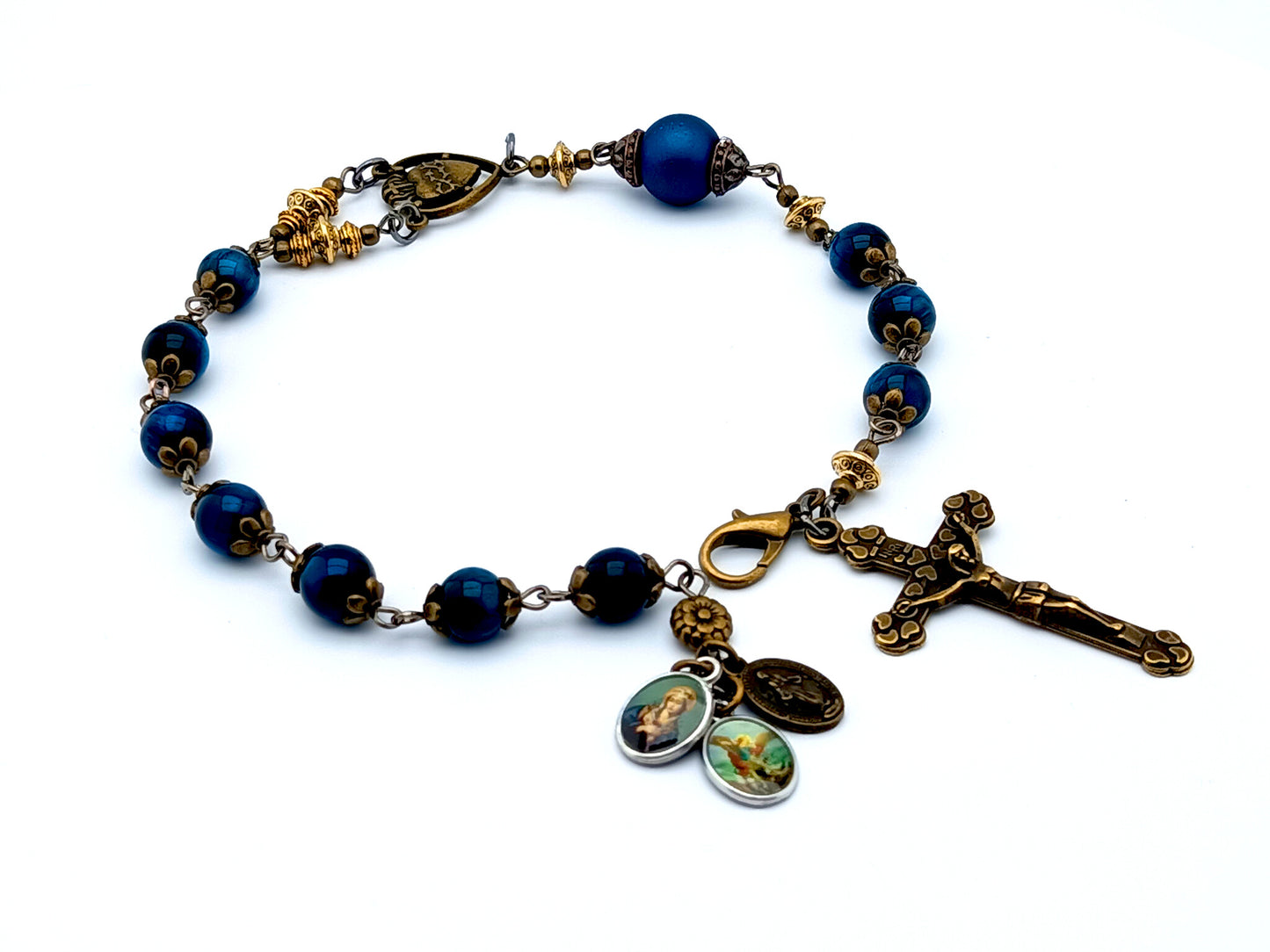 Servite Dolor rosary in blue tigers eye gemstone and bronze crucifix.