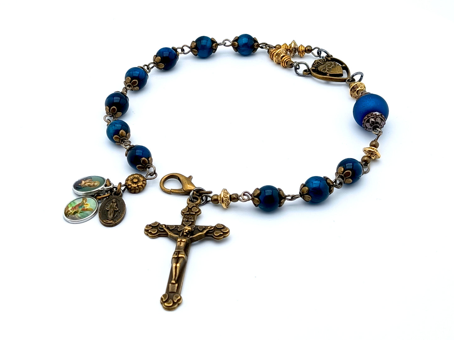 Servite Dolor rosary in blue tigers eye gemstone and bronze crucifix.