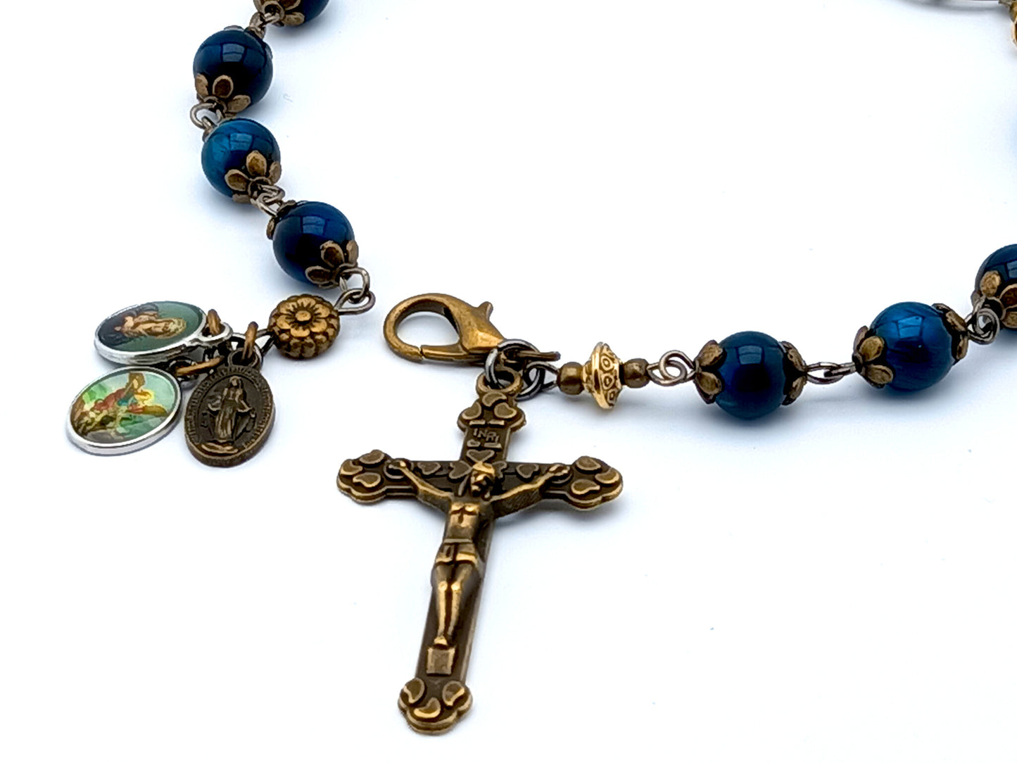 Servite Dolor rosary in blue tigers eye gemstone and bronze crucifix.