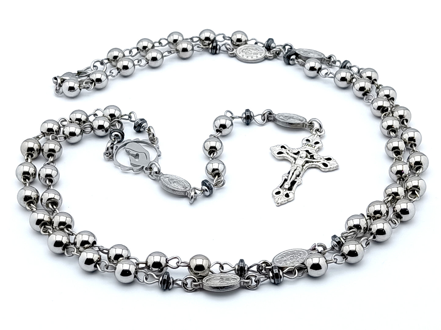 Miraculous medal unique rosary beads with stainless steel beads, centre medal and silver crucifix.