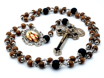 Sacred Heart dark wood and onyx rosary with clients own crucifix.