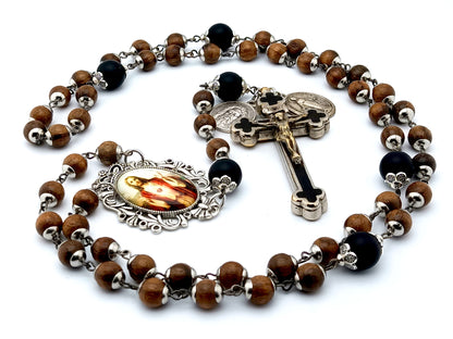 Sacred Heart dark wood and onyx rosary with clients own crucifix.