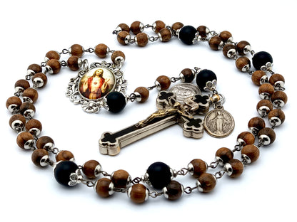 Sacred Heart dark wood and onyx rosary with clients own crucifix.