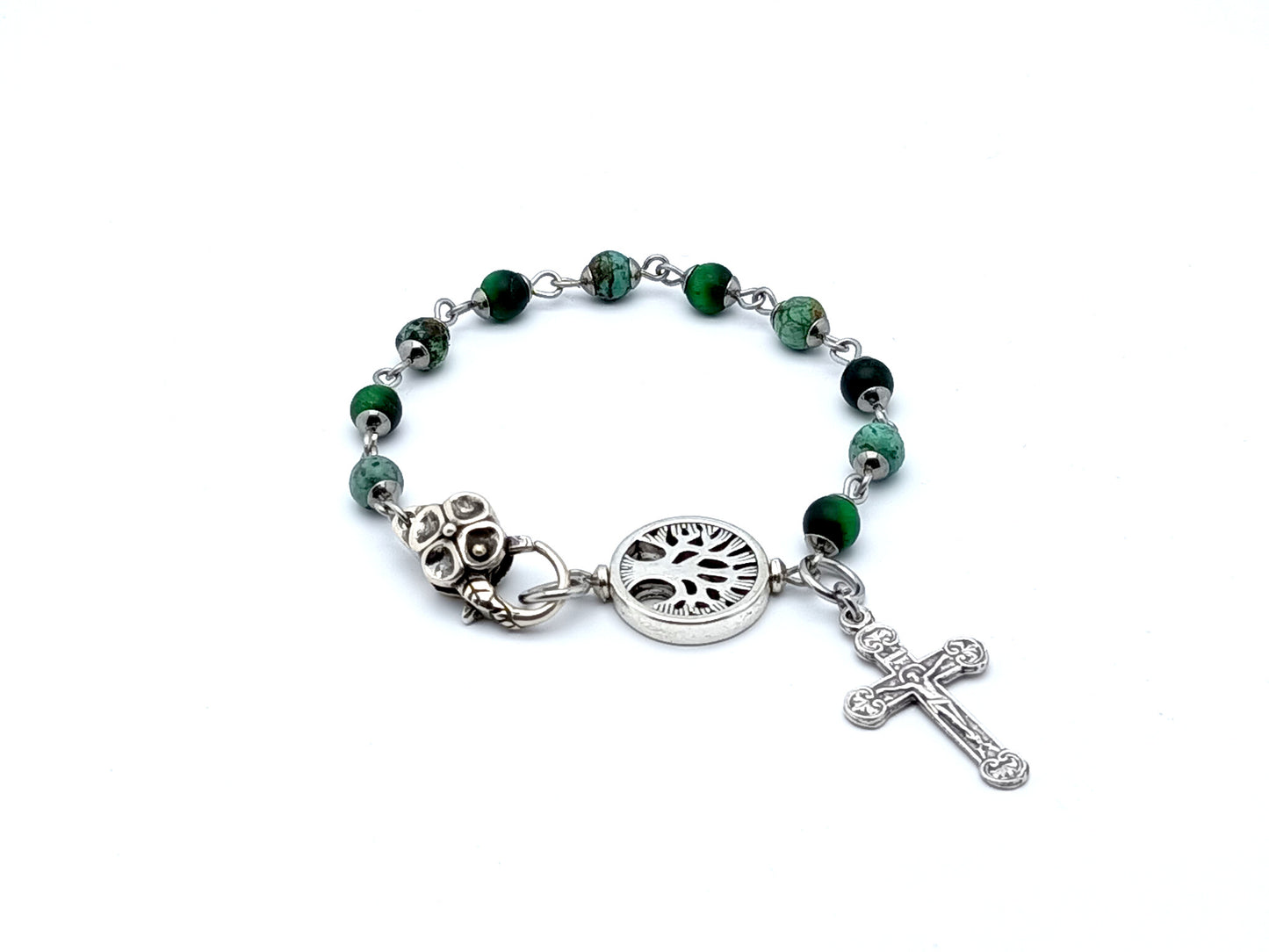 Tree of Life green tigers eye and jasper gemstone rosary bracelet.