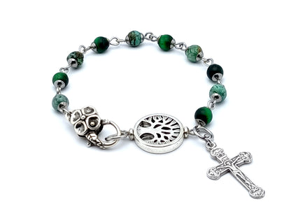 Tree of Life green tigers eye and jasper gemstone rosary bracelet.