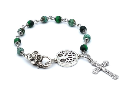 Tree of Life green tigers eye and jasper gemstone rosary bracelet.