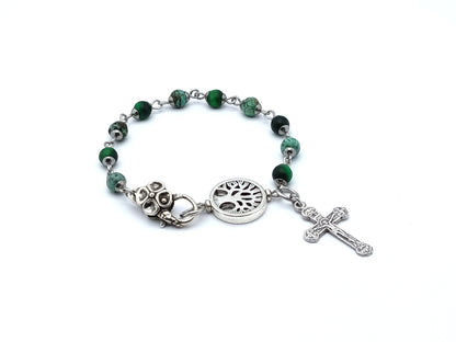 Tree of Life green tigers eye and jasper gemstone rosary bracelet.