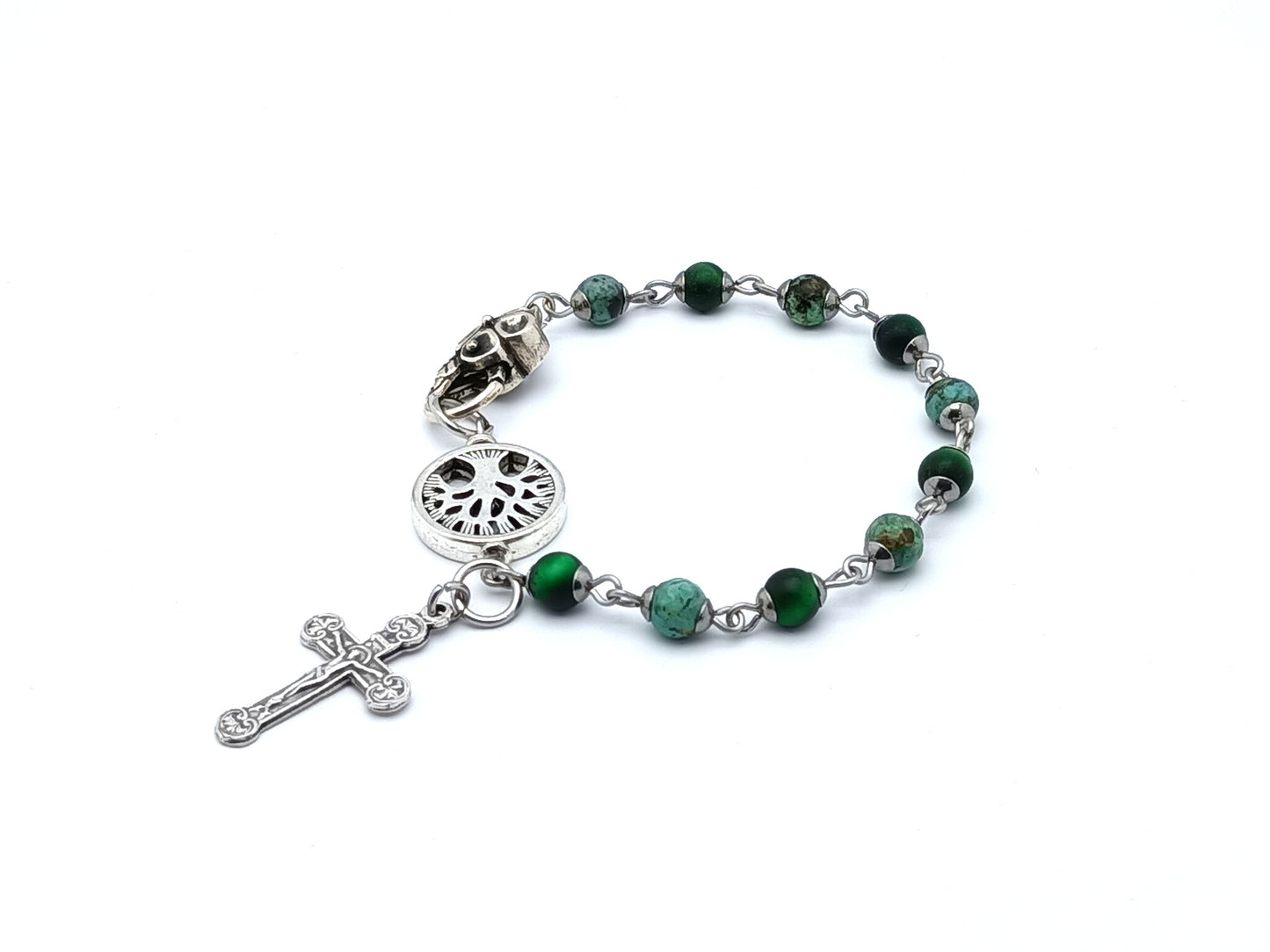 Tree of Life green tigers eye and jasper gemstone rosary bracelet.