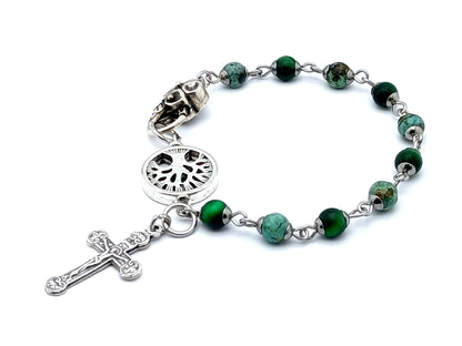 Tree of Life green tigers eye and jasper gemstone rosary bracelet.