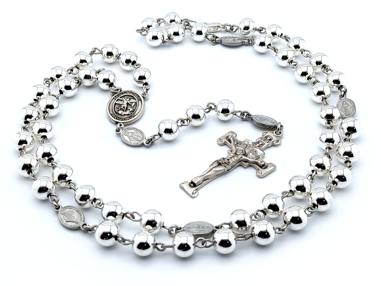Genuine 925 Sterling silver Saint michael rosary beads, Sterling silver crucifix and St Michael medal with Miraculous medal rosary.