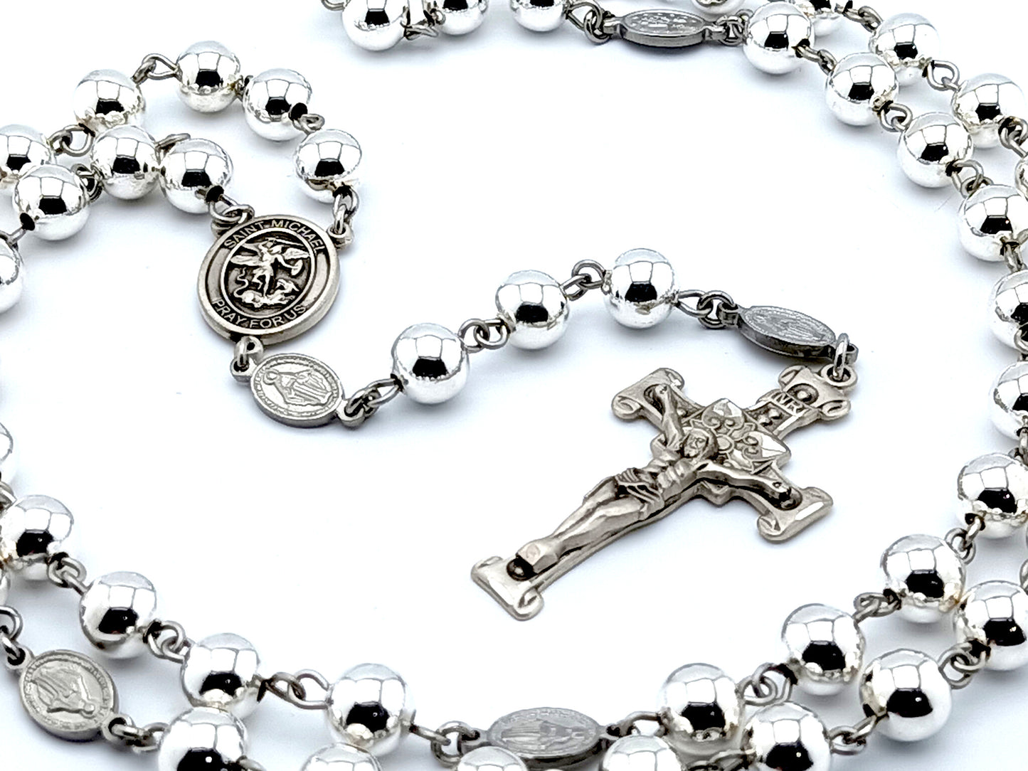 Genuine 925 Sterling silver Saint michael rosary beads, Sterling silver crucifix and St Michael medal with Miraculous medal rosary.